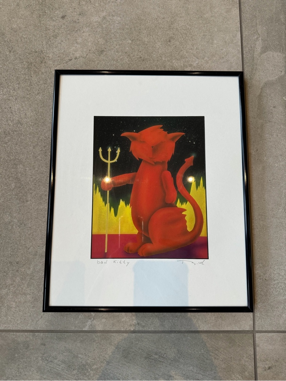 Original hand-signed framed lithograph titled "Bad Kitty" by artist John Booth
